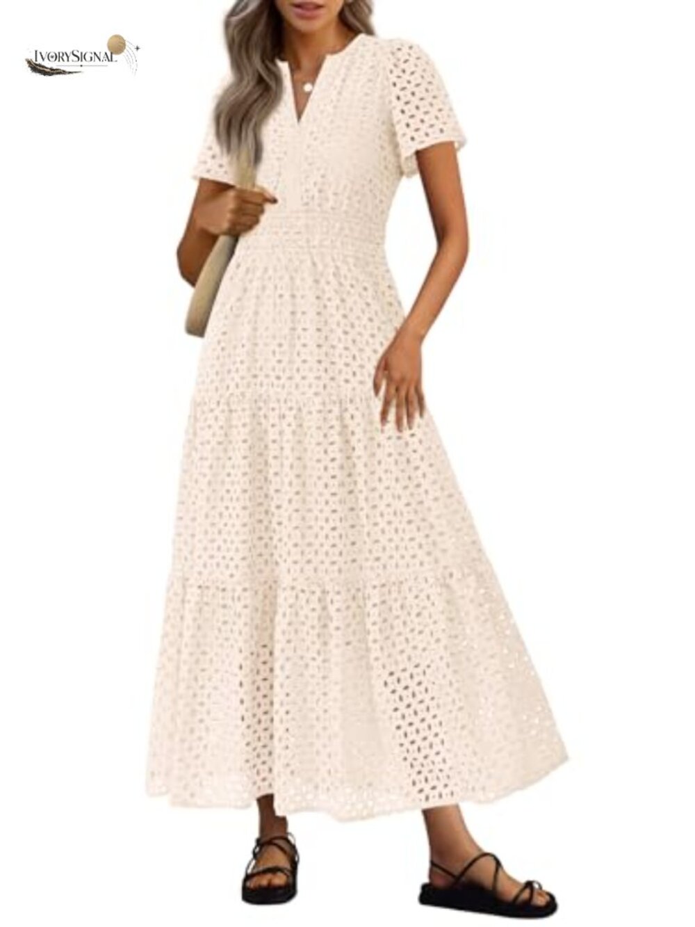 PRETTYGARDEN Women's Summer Eyelet Maxi Dress V-Neck A-Line Short Sleeve